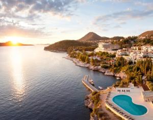 an aerial view of a resort on a body of water at Sun Gardens Dubrovnik in Dubrovnik