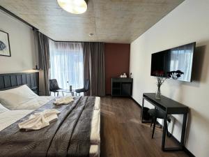 a bedroom with a bed and a desk and a television at Nourt Rooms & Kitchen in Karpacz