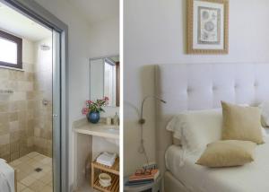 Un dormitorio con una cama y un baño con ducha. en Masseria Ceratonia by Raro Villas, en Baia Verde 39 fotos más