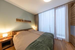 une chambre avec un lit et une grande fenêtre dans l'établissement Residenz Wildkogelbahnen Top 3, à Neukirchen am Großvenediger