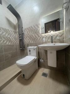 a bathroom with a toilet and a sink at Aseel bedoul in Petra +35 photos