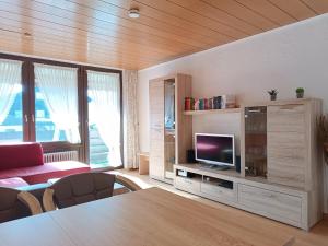 a living room with a television and a couch at 2-Raum FeWo Arnika - Hallenbad & Sauna in Fischen