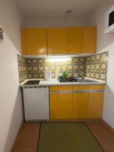 サンクト・ジョアン・イン・チロルにあるApartment „Bergblick“の小さなキッチン(黄色のキャビネット、シンク付)