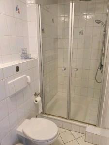 a white bathroom with a shower and a toilet at Lindner Ferienwohnungen und Doppelzimmer in Fichtelberg +9 photos
