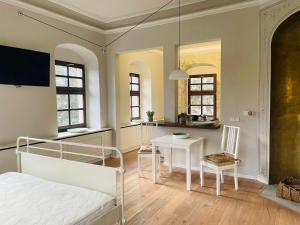 a bedroom with a bed and a table with a desk at Studio-Apartment im Weinberg in Meißen