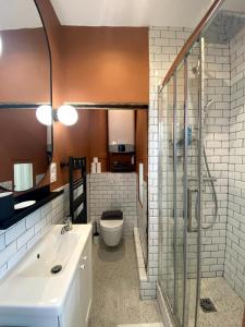 a bathroom with a shower and a sink and a toilet at La Petite Paroisse Classé 3 étoiles Elégant & Proche Marché in Versailles +17 photos