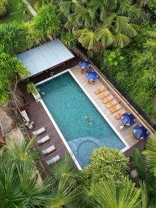 an overhead view of a swimming pool with chairs and umbrellas at Encantes do Nordeste in Barreirinhas