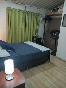 a bedroom with a bed and a green curtain at La casa de mesetas in Mesetas