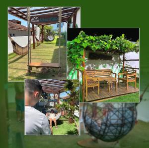 a collage of pictures of a garden with a table and bench at Pousada Dona Lolita in Cachoeira Paulista