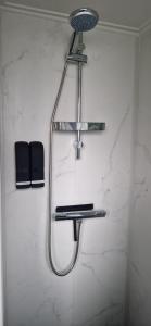 a shower with a shower head on a wall at Veluws Huisje in Apeldoorn +18 photos