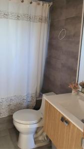 ein Badezimmer mit einem weißen WC und einer Badewanne in der Unterkunft Hermosa casa en Puerto Varas - Ensenada in Calbuco Volcano + 27 Fotos