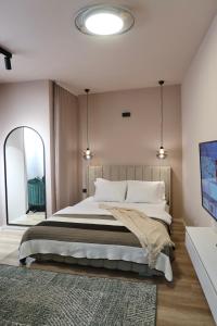 ein Schlafzimmer mit einem großen Bett und einem Spiegel in der Unterkunft Green Apartment in Pristina