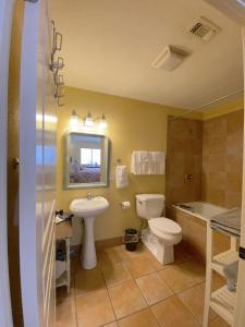 a bathroom with a white toilet and a sink at Comal Inn in New Braunfels +49 photos