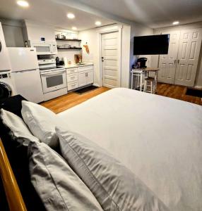 a bedroom with a large bed and a kitchen at Charming Historic Studio Cottage in Lakeland +11 photos