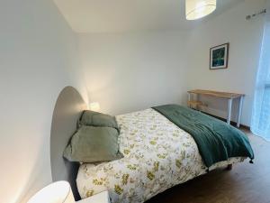 a bedroom with a bed with green sheets and a table at Bel appartement proche du lac in Duingt