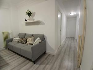 a living room with a gray couch in a white room at Piso recien reformado in Zaragoza