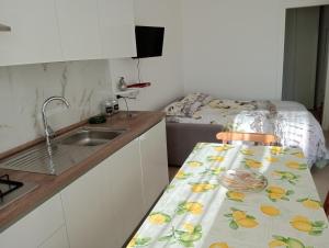 a kitchen with a sink and a table with a towel at Casa Cristina in Ventimiglia +40 photos