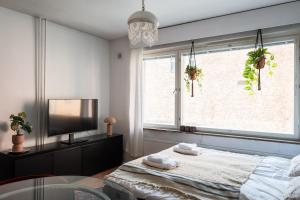 une chambre avec un lit, une télévision et une fenêtre dans l'établissement Central and Hip w King Bed, 50m tram and bus, Netflix, à Helsinki