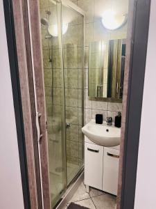 um banheiro com box de vidro e pia em Apartament na Grodowej koło Rynku em Gliwice mais 1 fotografia