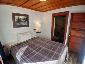 a bedroom with a bed in a room with a door at Cabin 33, 3 bedroom 2 bath in Big Bear Lake