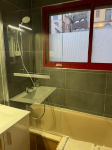 a bathroom with a sink and a mirror at Jolie T2 en plein centre-ville ville de Font-Romeu in Font Romeu Odeillo Via +4 photos