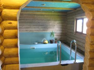 uma casa de banho com uma banheira numa parede de madeira em Vizbulites em Pulkarne