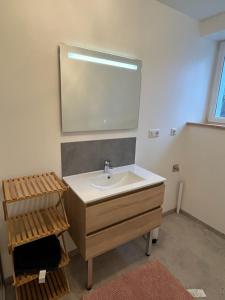 a bathroom with a sink and a mirror at Naturel loft 5 personnes et jardin in Saint-Maurice-sur-Moselle