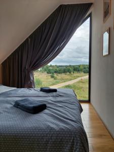 a bedroom with a bed with a large window at Domki Miłe Chwile in Lubiatowo