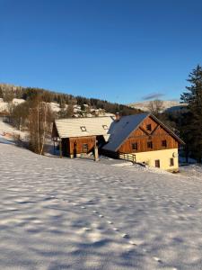 una casa sul lato di una strada innevata di Penzion Čekanka a Strážné