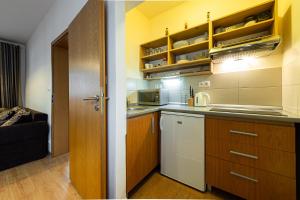 a kitchen with wooden cabinets and a counter top at Apartmán ORION in Stará Lesná
