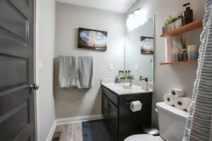 een badkamer met een wastafel, een toilet en een spiegel bij Bird View at Parklake in Springboro