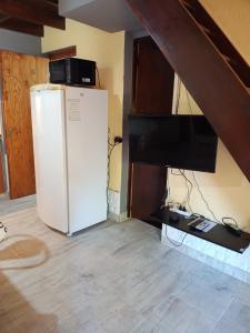 a white refrigerator in a room with a tv at Duplex 3 in Villa Gesell