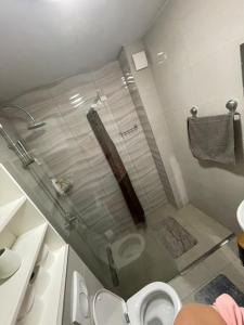 ポドゴリツァにあるApartman Starsのガラス張りのシャワーとトイレ付きのバスルーム +2枚の写真