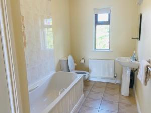 a bathroom with a tub and a toilet and a sink at 3 bedroom home 15 mins drive from Kenmare town in Ardea Bridge +23 photos