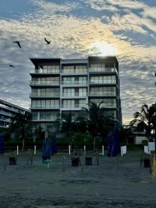 ein Gebäude mit blauen Regenschirmen und Vögeln davor in der Unterkunft Cartagena-Acogedor MorrosEOS Salida directa al mar in Cartagena de Indias
