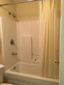 ein Bad mit einer Badewanne und einer Dusche mit einem Duschvorhang in der Unterkunft Garden Inn & Suites in Pensacola