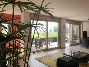a living room with a table and a plant at Ferienwohnung Seetraum - Hoch über dem See, großzügig mit großem Balkon in Kressbronn am Bodensee