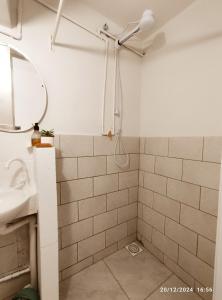 a bathroom with a shower and a sink at MicroAP na cidade do Cristo in Encantado +22 photos