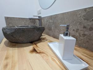 a bathroom with a stone sink and a mirror at Gîte spacieux près du lac avec spa, aire de jeux, wifi et activités variées - FR-1-589-767 in Chaumousey +26 photos