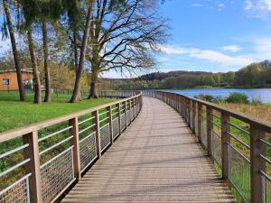 a wooden bridge over a body of water at Gîte spacieux près du lac avec spa, aire de jeux, wifi et activités variées - FR-1-589-767 in Chaumousey