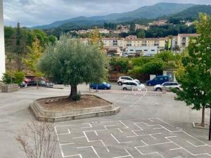 a tree in the middle of a parking lot at Appartement F3 avec Wi-Fi, clim portable & parking à Amélie-les-Bains - FR-1-703-200 in Amélie-les-Bains-Palalda