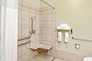 a bathroom with a shower with a bench in it at Baymont by Wyndham Decatur in Decatur