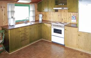 BolilmarkにあるHoliday Home Mågevej Rømø Ivのキッチン(木製キャビネット、白いコンロ付)