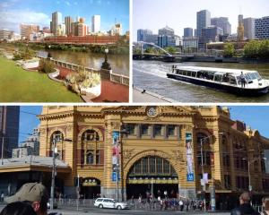 eine Collage aus drei Bildern eines Gebäudes mit einem Bus in der Unterkunft 409 Lovely Studio Apt Central Super Cosy Heart CBD in Melbourne