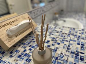 a blue and white counter top with a vase with sticks at Petlyapartments #Labrador in Bellaria-Igea Marina +31 photos