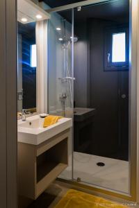 a bathroom with a sink and a glass shower at Cottages du Golf Fleuray-Amboise in Cangey