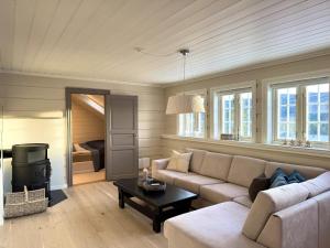un salon avec un canapé et une table dans l'établissement Spacious detached house of 209 sqm in the heart of Geilo, à Geilo