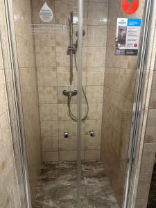 a shower with a glass door in a bathroom at D&R Apartments in Mažeikiai