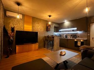 a living room with a television and a kitchen at CozyHomes in Bansko