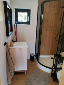 a bathroom with a shower and a sink and a tub at Hortensja in Rusinowo